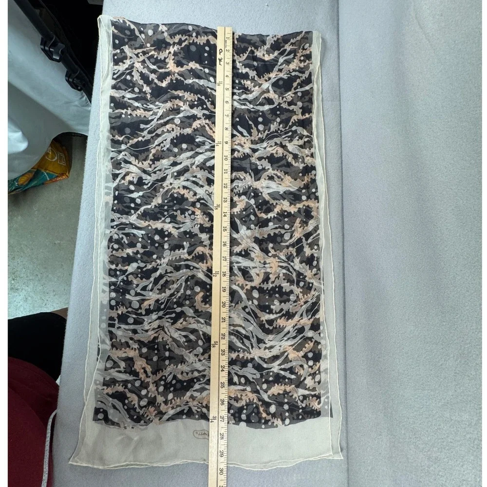 Vintage Salvatore Ferragamo Sheer Chiffon Scarf Stole Black Beige Oak Leaf Italy